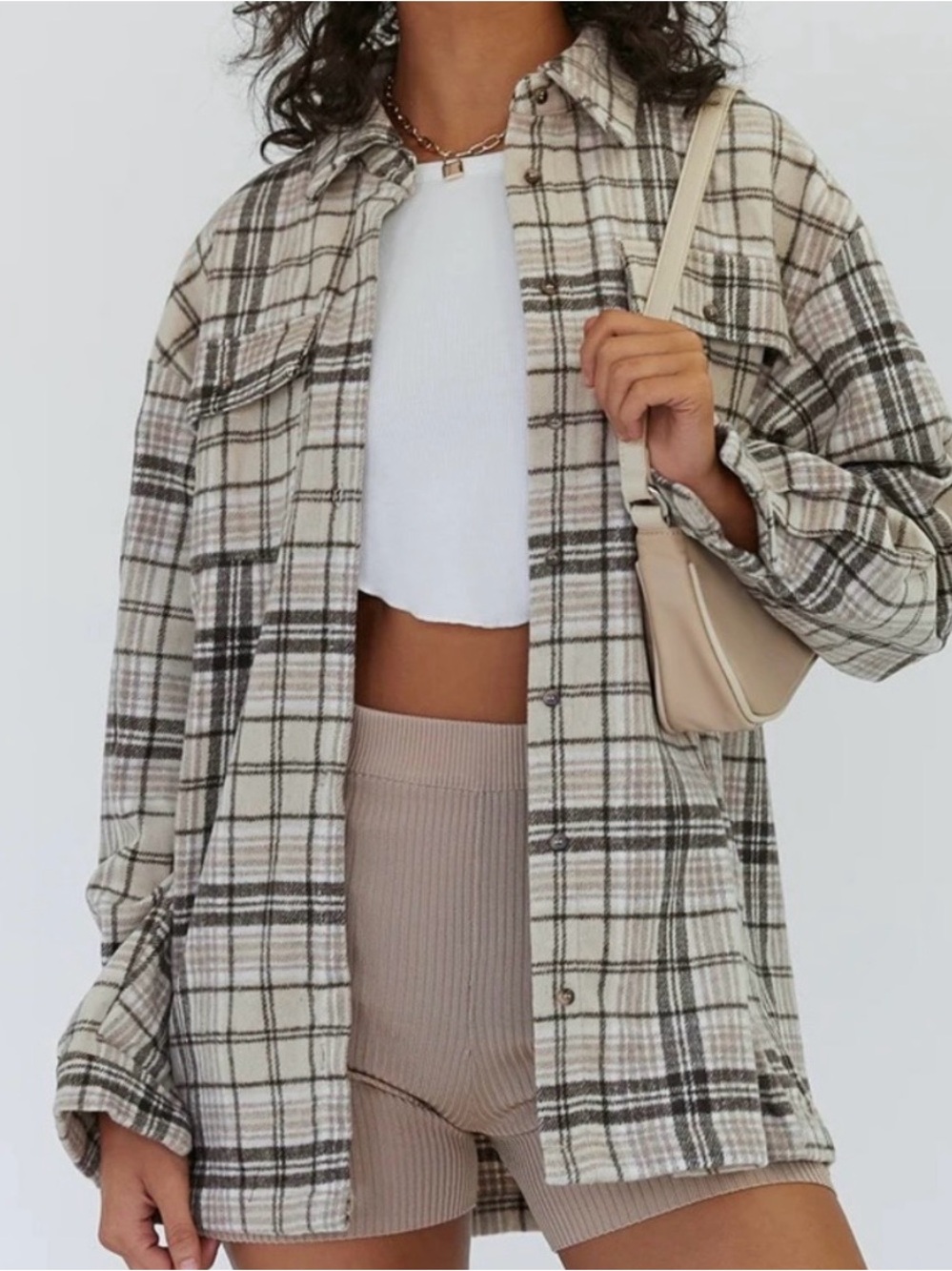 Princess Polly Willa Beige Plaid Oversized Shirt US 10